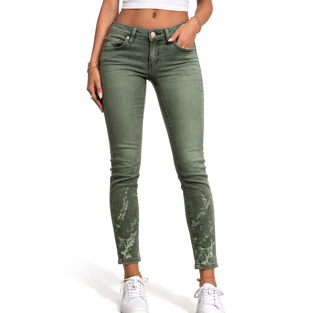 Denim & Co Easy Stretch Floral Motif Slim Ankle Jeans Olive Green Size 2 Regular